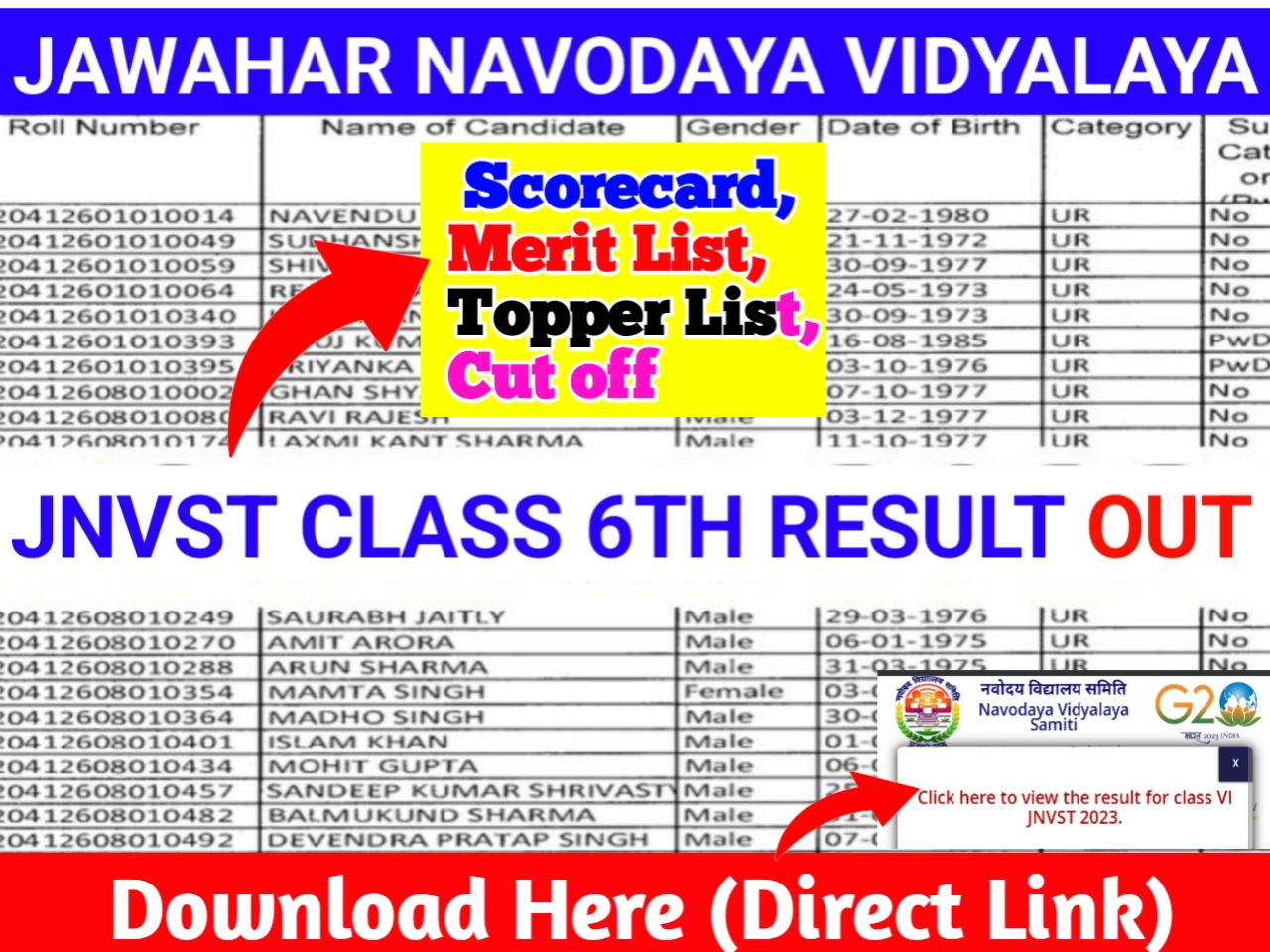 Jawahar Navodaya vidyalaya Class 6th Result Scorecard, Merit List